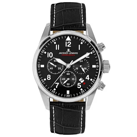 Ρολόι Jacques LEMANS 42-2A Jacques LEMANS Chronograph Black Leather Strap