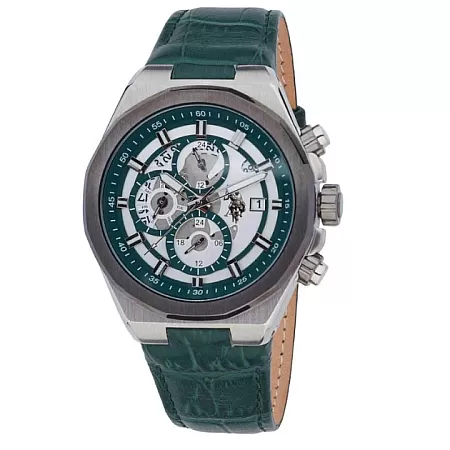 ΡΟΛΟΙ U.S. POLO USP7122GR U.S.POLO Maverik Dual Time Green Leather Strap