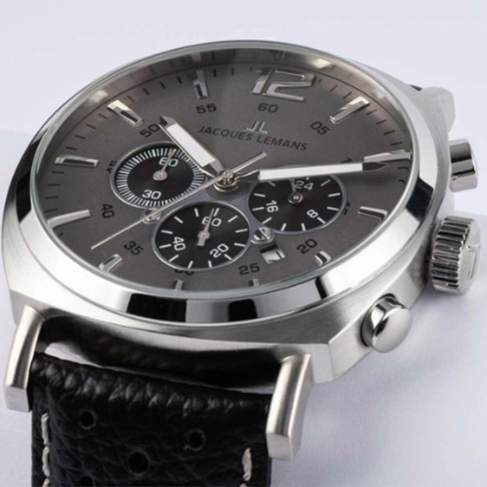 Ρολόι Jacques LEMANS 1-1645P Jacques LEMANS Lugano Chronograph Black Leather Strap