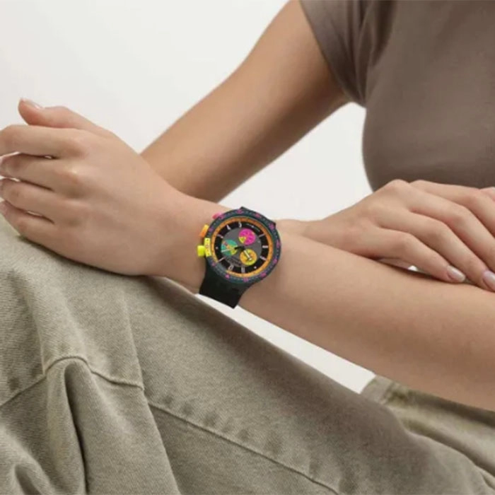 ΡΟΛΟΙ SWATCH   SB02B104 SWATCH Neon Seppia Chronograph Black Silicone Strap